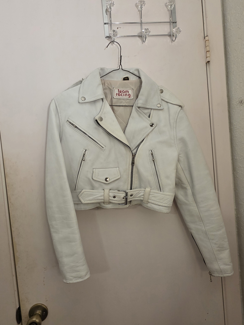 Womens White Cropped Leather Motorcycle Jacket Punk Style Vintage